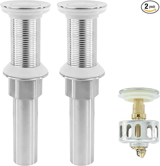 Bathroom Sink Drain,2 Pack Drain Stopper Without Overflow,Small Cap Pop Up Drain Assembly with Detachable Strainer Basket,Built-in Anti-Clogging, Stainless Steel Nut Brushed Nickel