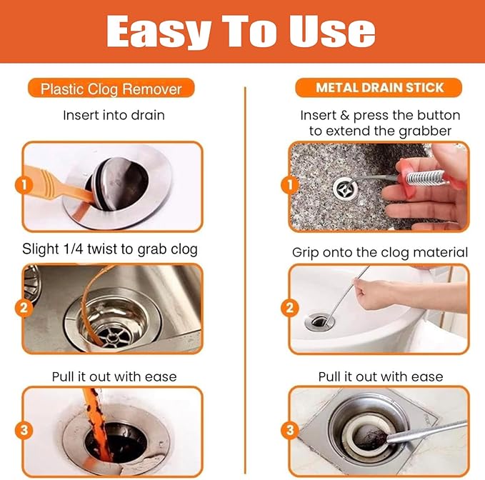 Drain Snake Hair Clog Remover – 20 Inch Plastic Sink Unclogger & Stainless Steel Claw - Drain Cleaner Tool for Kitchen, Bathroom, Tub Toilet Orange (3+1), Plungers for Clearing Blocked Drains