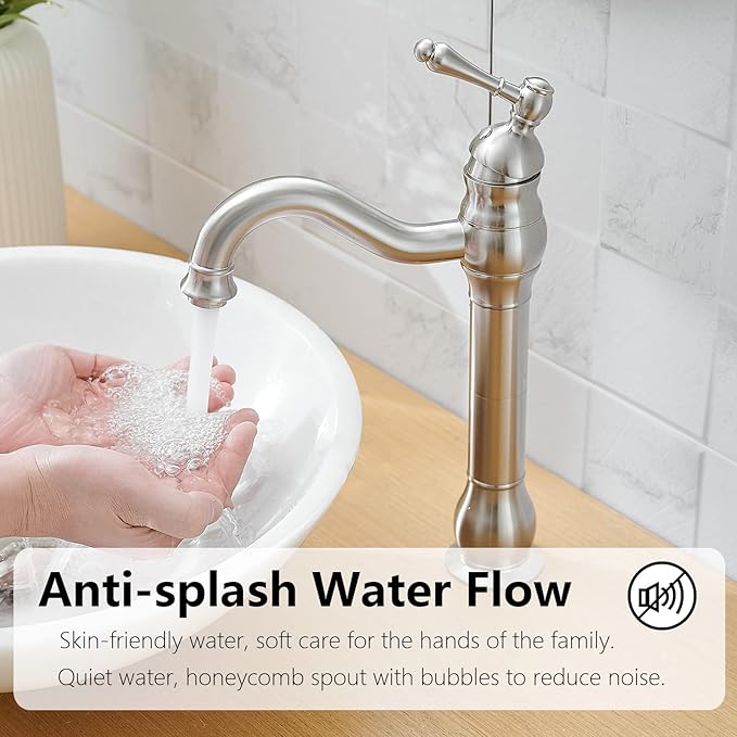 Brushed Nickel Vessel Sink Faucet 360° Swivel for Bathroom Single Hole Farmhouse Tall Commercial Vanity Matching Pop Up Drain Without Overflow