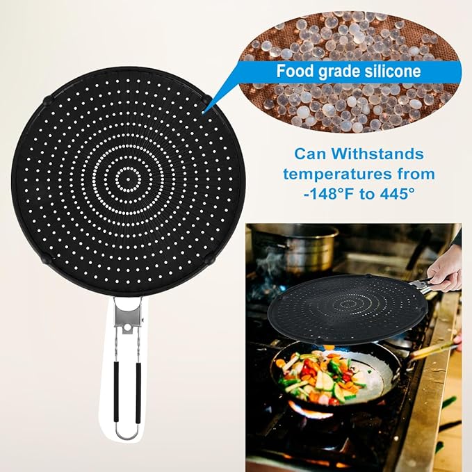 Silicone Splatter Screen, Silicone Splatter Screen for Frying Pan 13", Foldable Grease Guard Heat Resistant Oil Splash Guard, Non-Stick, For Daily Cooking and Baking(Black）