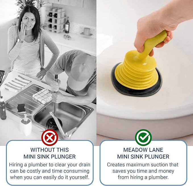 Meadow Lane Small 7" Sink Plunger - Mini Clog Remover for Kitchen & Bathroom Sink Drains - Hand Ergonomic, Space-Saving & Powerful Suction - Universal Fit for Home or Commercial Use, Yellow, 2-Pack