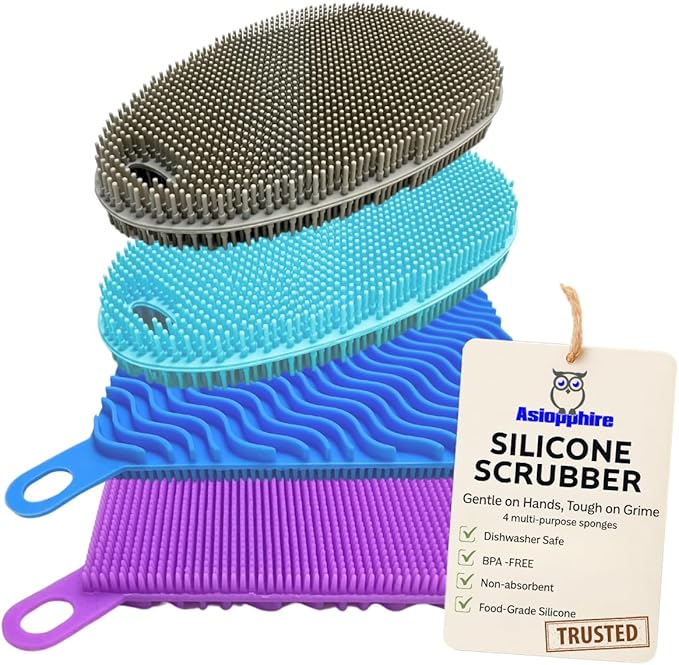 Silicone Sponges for Dishes - 4 Pack Dual-Sided Dish Scrubber - Food Grade, BPA Free Silicone Sponge & Housecleaning