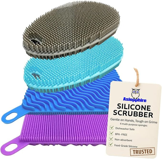 Silicone Sponges for Dishes - 4 Pack Dual-Sided Dish Scrubber - Food Grade, BPA Free Silicone Sponge & Housecleaning