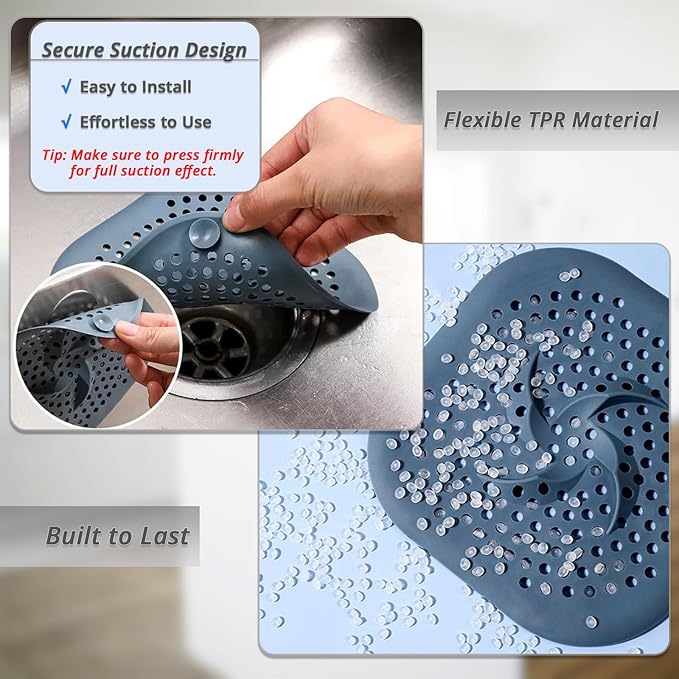 Drain Cover with Suction Cups, 4 Pack Hair Catcher Shower Drain Strainer Protector with TPR Material for Bathroom, Bathtub, Kitchen Sink, Easy to Clean, Household Use (Blue, Grey, Green, White)