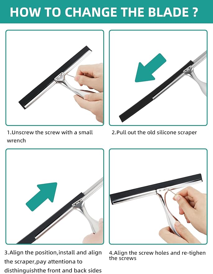 All-Purpose Stainless Steel Shower Squeegee Come with S Hook, 2 Square Sticky Hook 2 Rubber Strips Shower Squeegee for Glass Doors, Windows, Mirrors, Tiles and Car Glass -12 Inches Silver