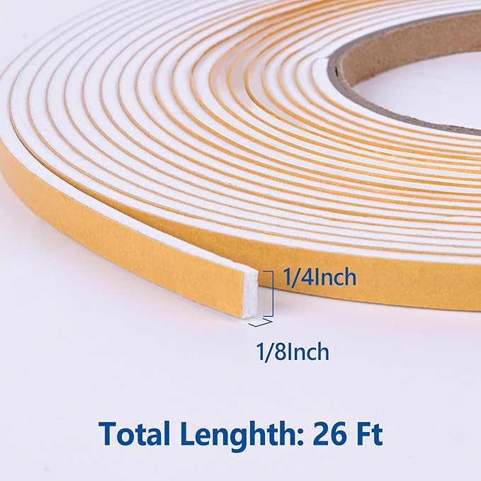 Kikerike Self Adhesive Foam Tape Weatherstrip 1/4in x 1/8in x 26Ft High Density Foam Insulation Strips Seal Weather Stripping with Strong Adhesive for Door and Window Sound Isolation Soundproofing