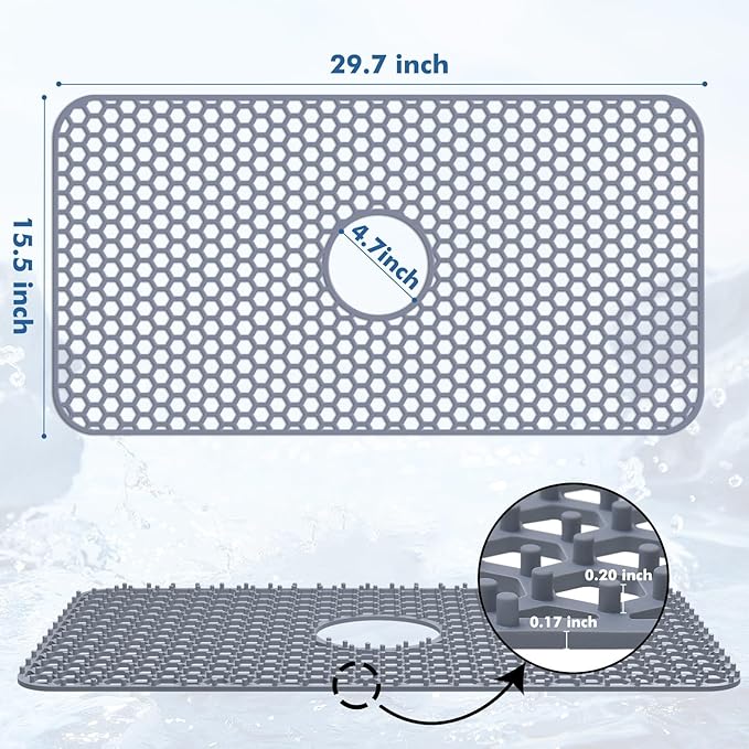 Silicone Sink Protectors for Kitchen Sink with Center Drain - 29.7"x 15.5" Kitchen Protector Accessory, Non-Slip Heat Resistan Mat for Bottom of Farmhouse Stainless Steel Porcelain (Gray)