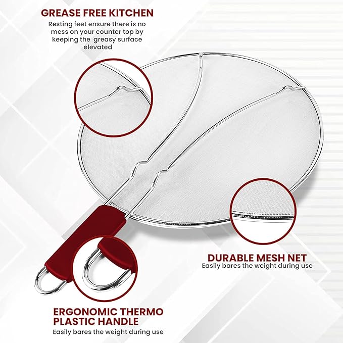 13" Grease Splatter Screen for Cooking | Stainless Steel Oil Splatter Guard and Ultra-Fine Mesh Protects Skin from Burns | TPR Tight-Grip Handle (Red)