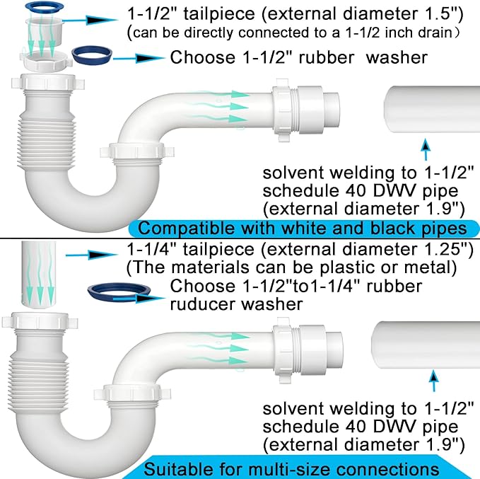 (1 Pack) Yariwiz White P Trap 1-1/2 Inch for Bathroom Kitchen Sink Drain Pipe Tubular Kit with Adjustable J-Bend, Tailpiece, Threaded Adapter and Blue TPE Washer KSD-008W