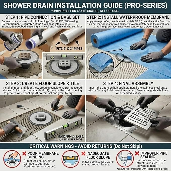 6-Inch Square Shower Drain with Bonding Flange - Durable Stainless Steel Shower Drain Flange Kit for Quick Drainage, Easy Installation, Ideal for Bathroom & Wet Area Renovations