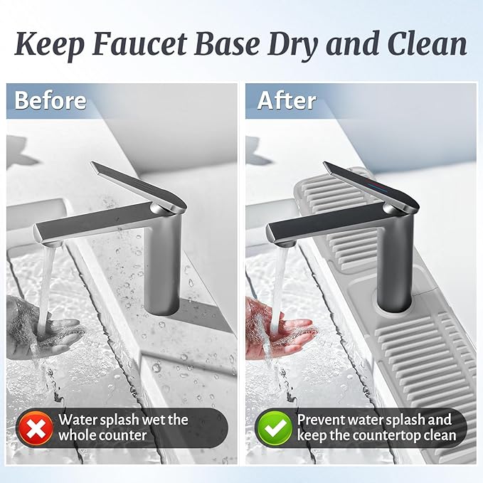 PoYang 24 inch Faucet Mat for Kitchen Sink Splash Guard, 7° Slope Silicone Sink Water Splash Guard for Kitchen Sink Area with Snap, Longer Sink Protectors for kitchen Sink Sponge Holder, Light Grey