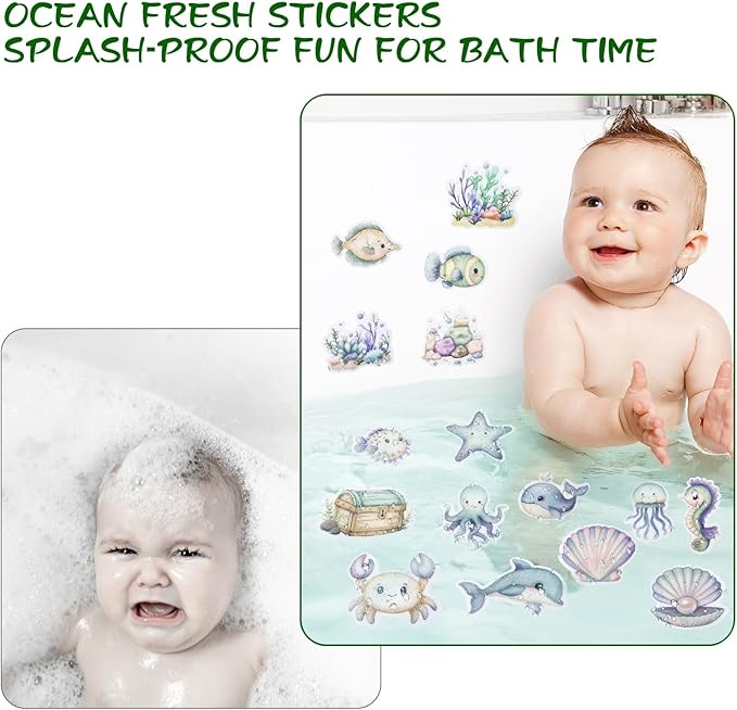 Bathtub Non-Slip Stickers for Shower - 20 PCS Bathroom Large Cute Sea Creature Anti-Slip Grips Stickers with Scraper for Kids Bath Tub and Slippery Floor Decor
