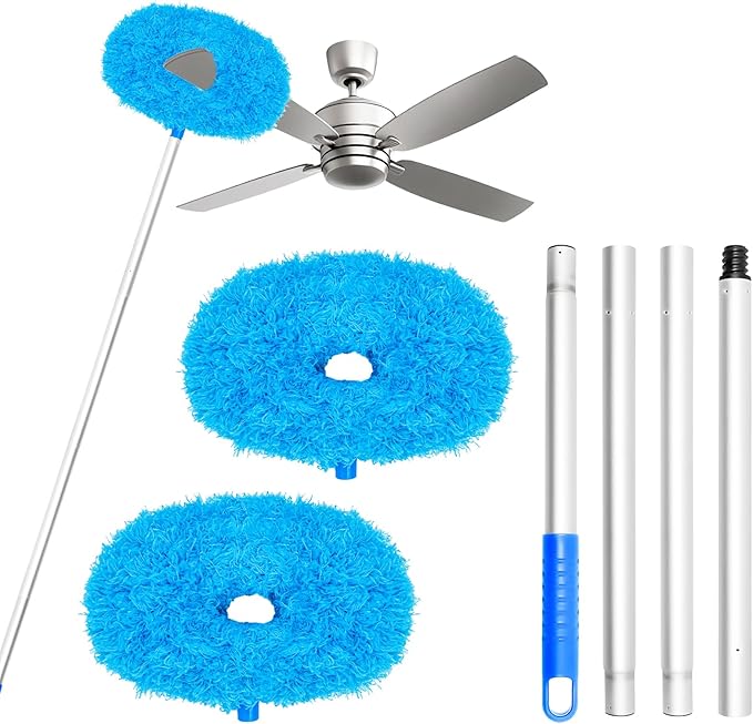 Ceiling Fan Cleaner Duster,Reusable Microfiber Duster with Extension Pole,13 to 50 Inch Removable Fan Blade Cleaner for Cleaning,Furniture,Bookshelves,Door,Window Top(2Head)
