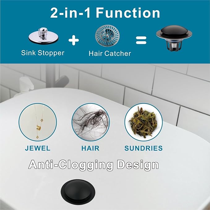 Bathroom Sink Drain Stopper,Welsan Universal Pop Up Drain Strainer with Hair Catcher for 1 1/8"-1 1/2" Drain Hole,Anti-Clogging Design Matte Black