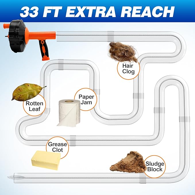 Auto Feed Drain Auger with Drill Adapter, 33 Feet Drain Snake Hair Clog Remover, Manual or Powered Plumbing Snake Drain Cleaner for Bathroom, Shower, Kitchen Sink, Comes with Gloves