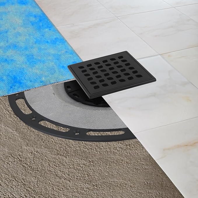 Square Shower Drain, 4-Inch Matte Black Kit with Bonding Flange, Removable Stainless Steel Grate & Hair Strainer, Fits 2" & 3" Pipes for Tiled Floors