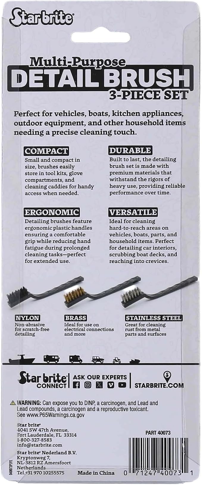 STAR BRITE Multipurpose Detail Brush 3-Piece Set – Includes Nylon, Brass & Stainless Steel Brushes – Durable, Ergonomic, Compact – Ideal for Vehicles, Boats, Household & Outdoor Cleaning
