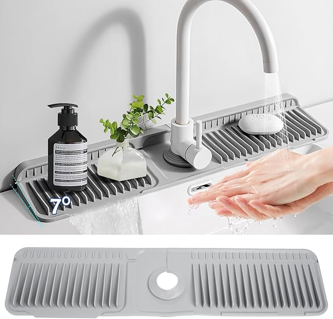 24"Longer Silicone Faucet Mat For Kitchen Sink Splash Guard -7° Slope Snap Lock- Sink Faucet Mat Splash Guard Kitchen Sink Area Silicone Sink Water Splash Guard Behind Faucet (Gray, 24"x5.5")
