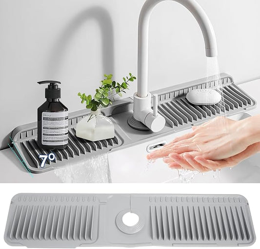 24"Longer Silicone Faucet Mat For Kitchen Sink Splash Guard -7° Slope Snap Lock- Sink Faucet Mat Splash Guard Kitchen Sink Area Silicone Sink Water Splash Guard Behind Faucet (Gray, 24"x5.5")
