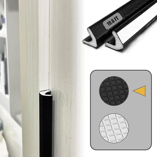 Door Frame Adhesive Weather Stripping Seal Strip PU Foam, PE Cover, Groove Slot Installation for Large Gap, Sound Heat Insulation, Dust Water Moisture Prevention (19.6ft, Black Adhesive)