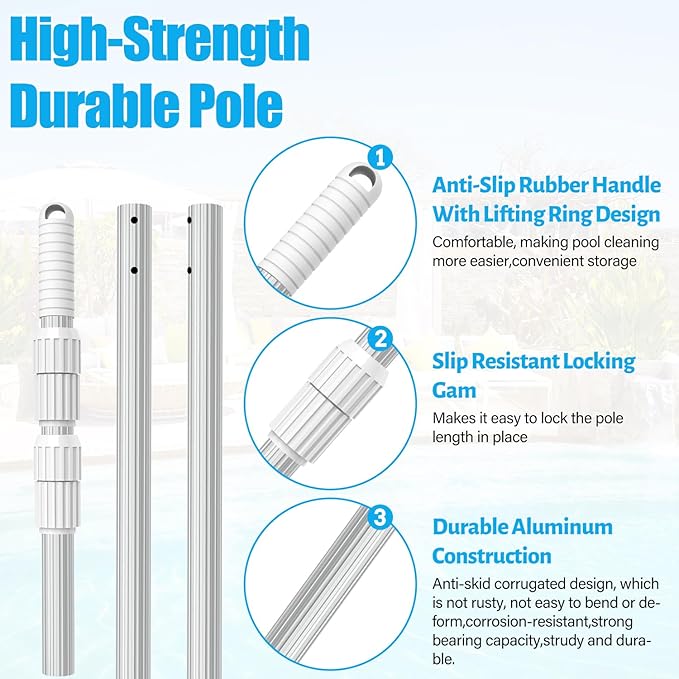 YEECHUN Professional 15 Foot Swimming Pool Pole Telescopic Aluminum Fits Pool Net Skimmer Rake Vacuum Head Brush Cleaning Equipment Heavy Duty,for Skimmer Nets, Vacuum Heads and Brushes