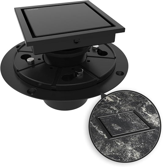 WEBANG 4 Inch Square Shower Drain Black Floor Drain with Flange Reversible 2-in-1 Cover Tile Insert Grate Removable SUS304 Stainless Steel CUPC Certified Matte Black