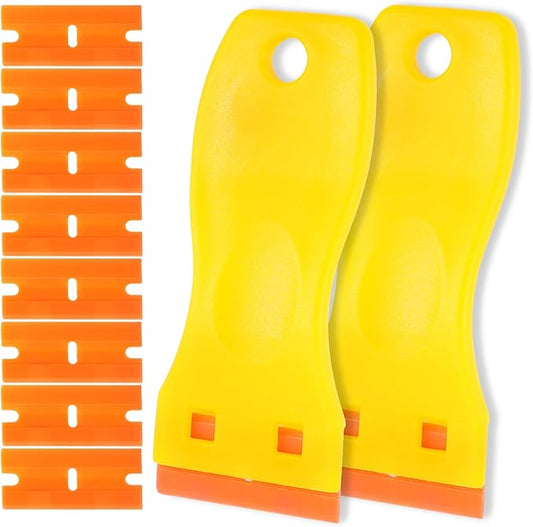 2-Pack Plastic Razor Scraper Tool with 8 Double-Edged Blades - Scratch-Free Sticker & Decal Remover for Car Windshield, Glass, Kitchen Cooktop, Label & Glue Residue - Safe Ergonomic Cleaning Gadget