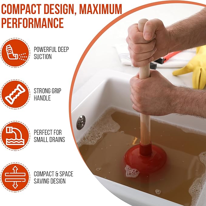 Small Sink Plunger, 10.5-Inch, 4-Inch Mouth, 9-Inch Handle, Compact