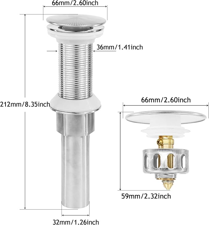 Bathroom Sink Drain,Drain Stopper Bathroom Sink Without Overflow,Pop Up Drain Assembly with Detachable Strainer Basket,Built-in Anti-Clogging, Stainless Steel Nut Brushed Nickel