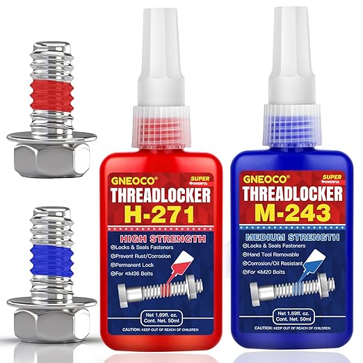 ThreadLocker Blue and Red, Thread Lock Medium High Strength Lock Tight for Nuts, Bolts, Fasteners and Metals, Anaerobic Curing Metal Glue to Prevent Loosening and Corrosion (M243 H271-100ml)