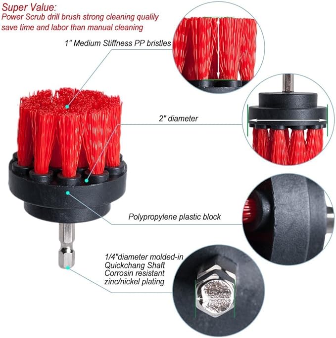 2 inch Diameter Drill Powered Stiff Scrub Cleaning Brush Heavy Duty Cleaning Applications for Bathroom Surfaces, Tile and Grout, Hard Water Stains, Rust (Red)