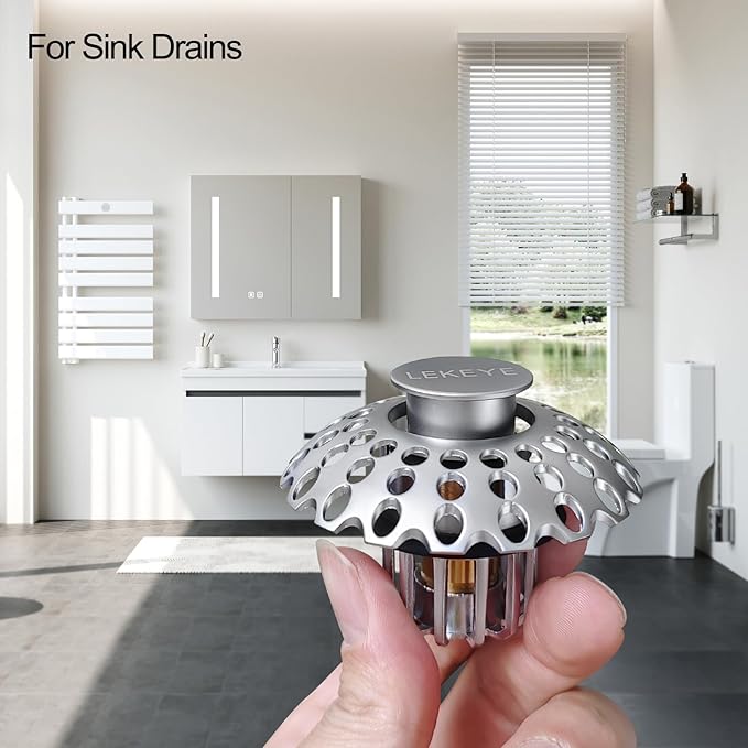 LEKEYE Bathroom Sink Stopper | Shower Drain Hair Catcher | Pop Up Sink Drain Plug | Bathroom Sink Drain Strainer for 1-1/8"to 1-3/8" to 1-1/2" Drain Holes- Pearl Chrome