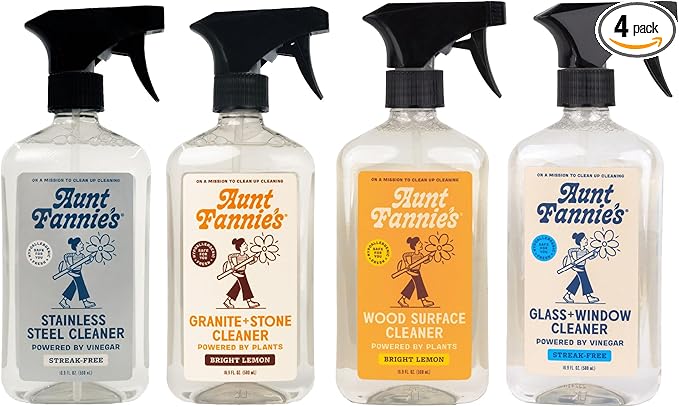 Aunt Fannie's Cleaning Spray Variety Pack, Includes Stainless Steel Spray, Granite & Stone Spray, Glass & Window Spray, and Wood Spray, 16.9 oz each, Pack of 4