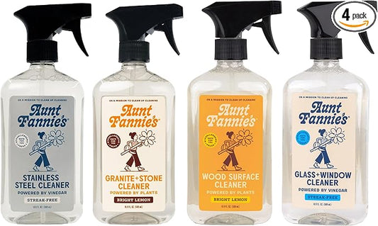 Aunt Fannie's Cleaning Spray Variety Pack, Includes Stainless Steel Spray, Granite & Stone Spray, Glass & Window Spray, and Wood Spray, 16.9 oz each, Pack of 4