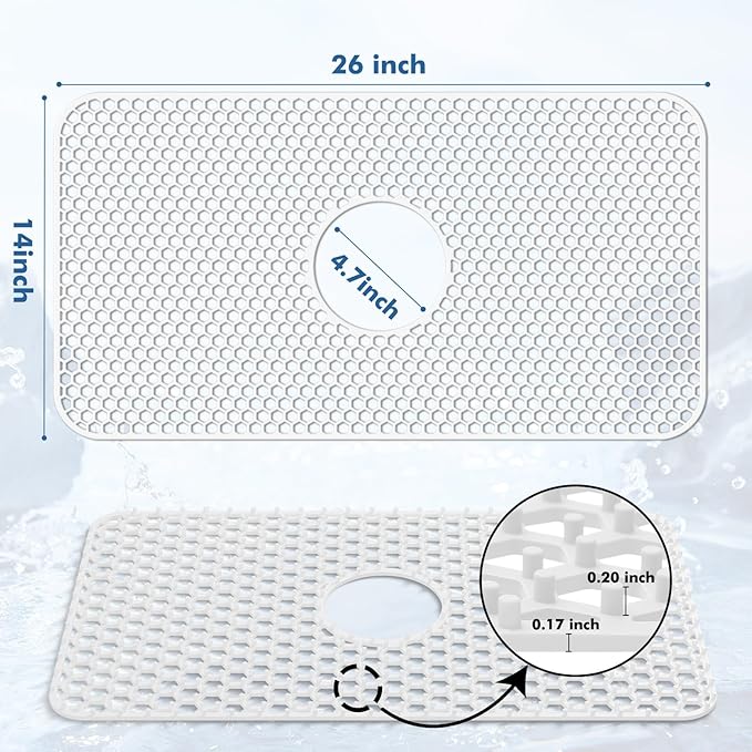 Silicone Sink Protectors for Kitchen Sink - 26"x 14" Kitchen Protector Accessory, Non-Slip Heat Resistan Mat for Bottom of Farmhouse Stainless Steel Porcelain (Center Drain Hole,White)