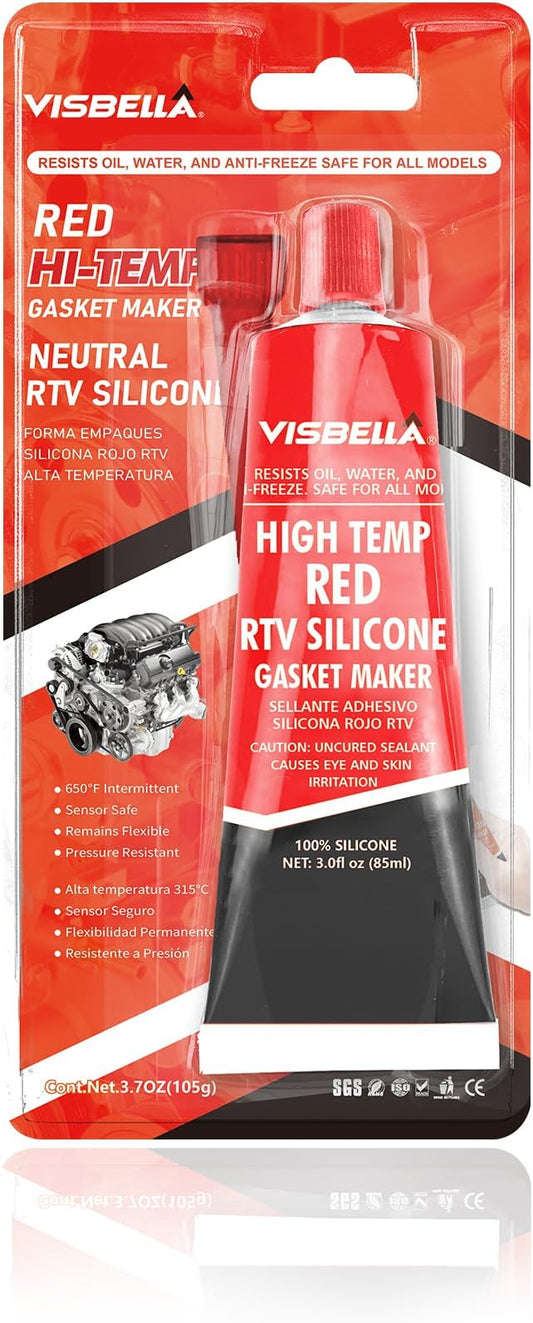 Visbella High Temperature RTV Silicone Gasket Maker, Sealed Oil Resistant Waterproof Quick Dry Liquid for Bonding Internal Combustion, Steam Turbines, Automotive Engine Parts 3.7OZ (Red)