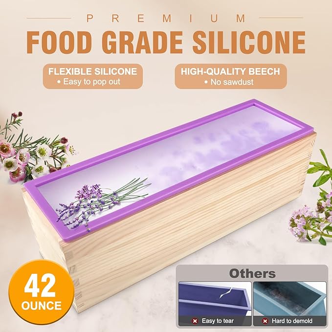 Walfos Soap Mold for soap Making, Soap Making kit - 42 oz Silicone Loaf soap Mold Set with Rectangular Wood Box & Bamboo Cutter Measuring Box, 2 Scraper for Soaps Making