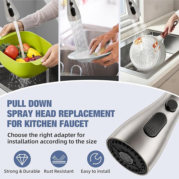 Kitchen Faucet Head Replacement, 3-Function Pull Down Spray Head with 9 Adapters, Sink Faucet Spray Head Compatible with Moen, Delta, American Standard Faucet, etc, Brushed Nickel