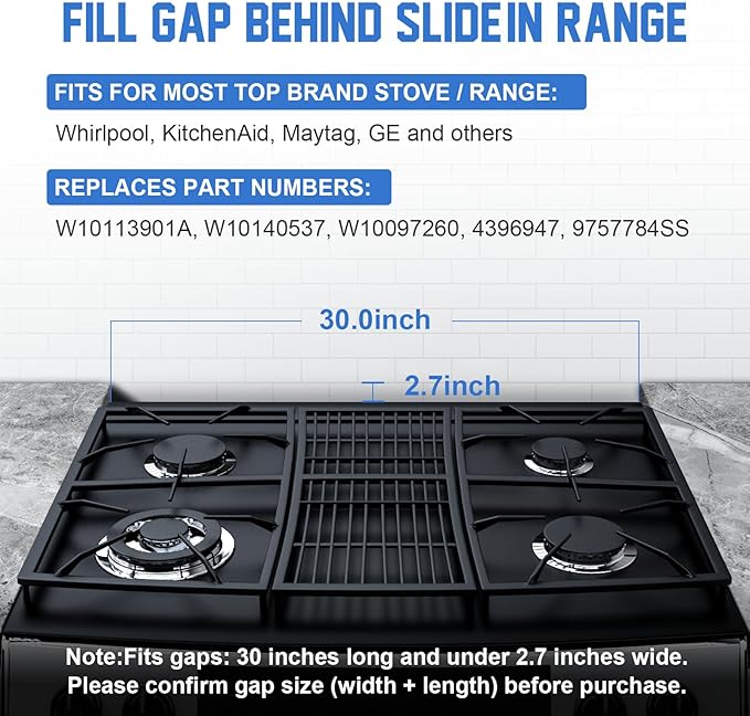30" Slide-in Range Rear Filler Kit W10113901A, Stove Gap Universal Triangular Filler Strip, Cooktop Trim Kit Between Stove and Backsplash for Whirlpool & Most Brand, Durable Aluminum, Black