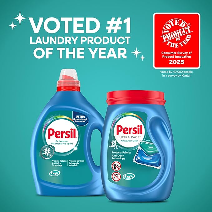 Persil Activewear Clean Laundry Detergent Liquid, 82.5 Fl Oz, 82 Loads, Ultra Concentrated Laundry Soap, Helps Fight Stains & Odor, HE Safe (Pack of 2)