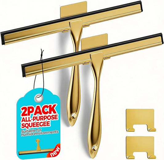 ALFLOD 2PACK 11.5-Inch Golden All-Purpose Shower Squeegee for Shower Doors, Bath Linen Sets, Tile Shower Walls, Bathroom, Window, Glass and Car Windshield, Mirrors and Kitchen-Stainless Steel