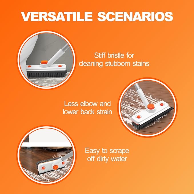 Pole Tub and Tile Scrubber - 60" Extendable Tub Brush Scrubber with Long Handle, 360° Rotating Head & 2 Non-Scratch Attachments for Shower, Bathtub, Tile & Floor
