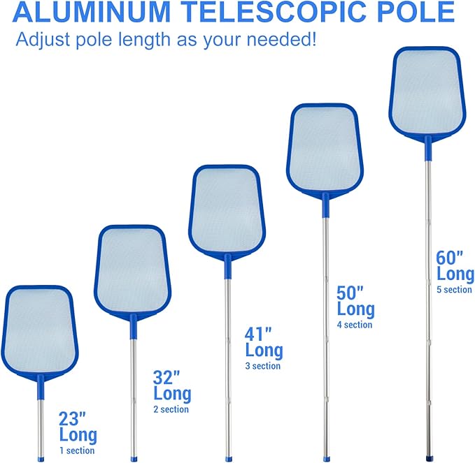 Pool Skimmer - Pool Skimmer Net with 5 Section Adjustable Telescopic Aluminum Pole, 23''- 60'', Pool Net Skimmer Rake with Ultra Fine Mesh , Pool Leaf Skimmer for Swimming Pools, Spas, Hot Tubs