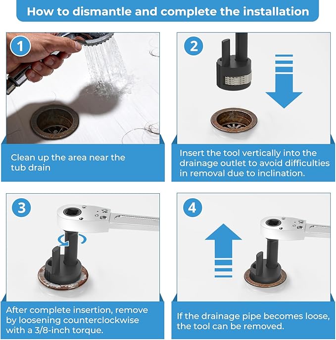 Tub drain removal tool, Remove the damaged, corroded or rusted drainage extractor, applicable to 3/8-inch ratchet wrench - sliver