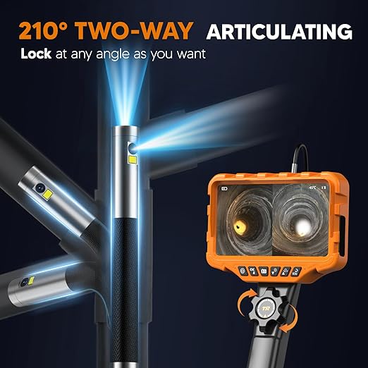 210° Two-Way Articulating Borescope Dual Lens, 7" IPS Sewer Camera with Light, Industrial Endoscope 0.25in Tiny Probe Snake Camera for Inspection Automotive Wall Pipe 5.3FT Cable