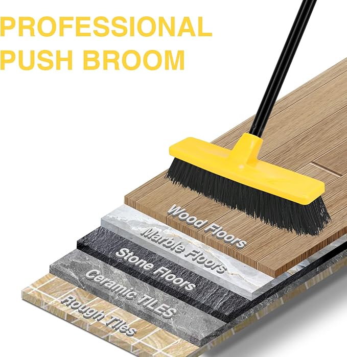 Push Broom Outdoor Indoor Broom 12" Wide,50" Long Handle with Stiff Bristles for Cleaning Scrubbing Deck Driveway Yard Patio Wood Stone Tile Floor