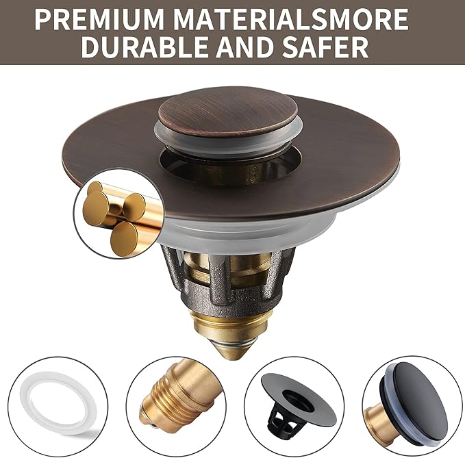 Fransiton Bathroom Sink Stopper, 1.1-1.77 Inch Basin Pop Up Sink Drain Stopper, Anti Clogging Drain Plug with Detachable Hair Catcher, Dark Bronze