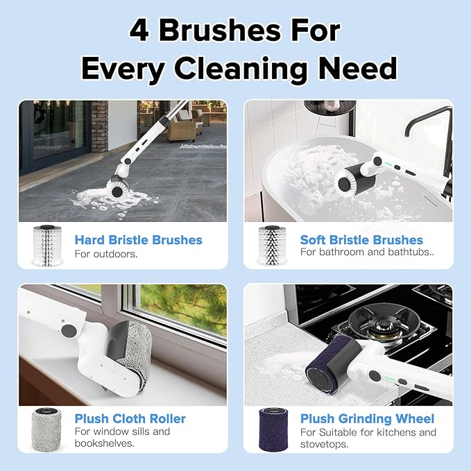 Roller-Type Electric Cleaning Brush - 2025 New Cordless Shower Scrubber with 200min Runtimes, 2-Speeds & 56" Extendable Handle, 4 Brush Heads, Shower Cleaner Brush, for Bathtub/Tile/Floor