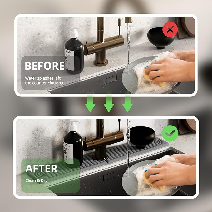 Quick Dry Sink Splash Guard - Extended 23.6" Splash Guard for Kitchen and Bathroom Countertops - Absorbent Diatomaceous Earth Faucet Mat - Dark Gray