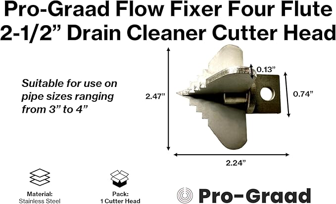 2-1/2” Spear 4 Flute Flow Fixer Drain Cleaner Plumbing Snake Cutter Head for 3” – 4” Pipes, Clears & Scrapes Inner Walls, Fits 3/8” 1/2" or 9/16” Cables, Commercial & Residential Use